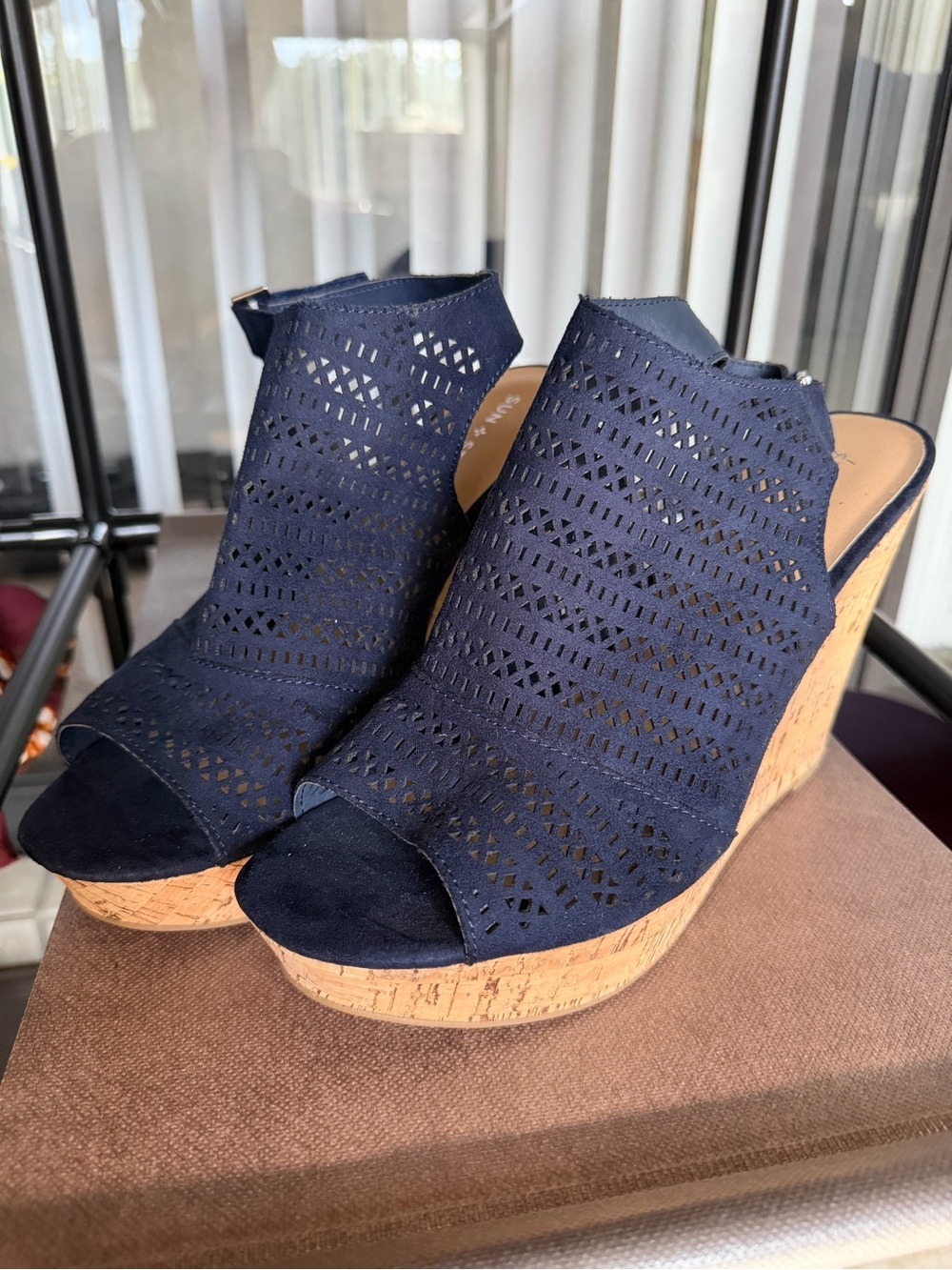 Sun + Stone Navy Laser-Cut Cork Wedge Sandals